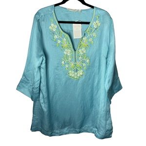 Soft Surroundings Aqua Tunic with Embroidery